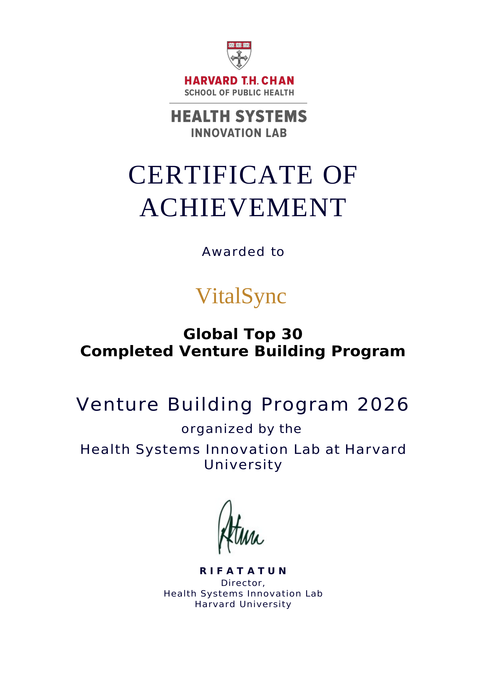 Harvard HSIL Certificate of Achievement — VitalSync, Global Top 30
